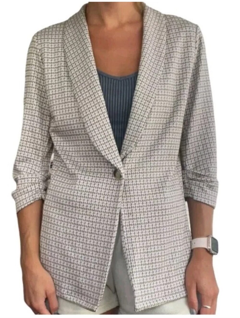 Altered State Woman M Sweater Blazer Jacket Blue Herringbone Plaid Ruched Sleeve